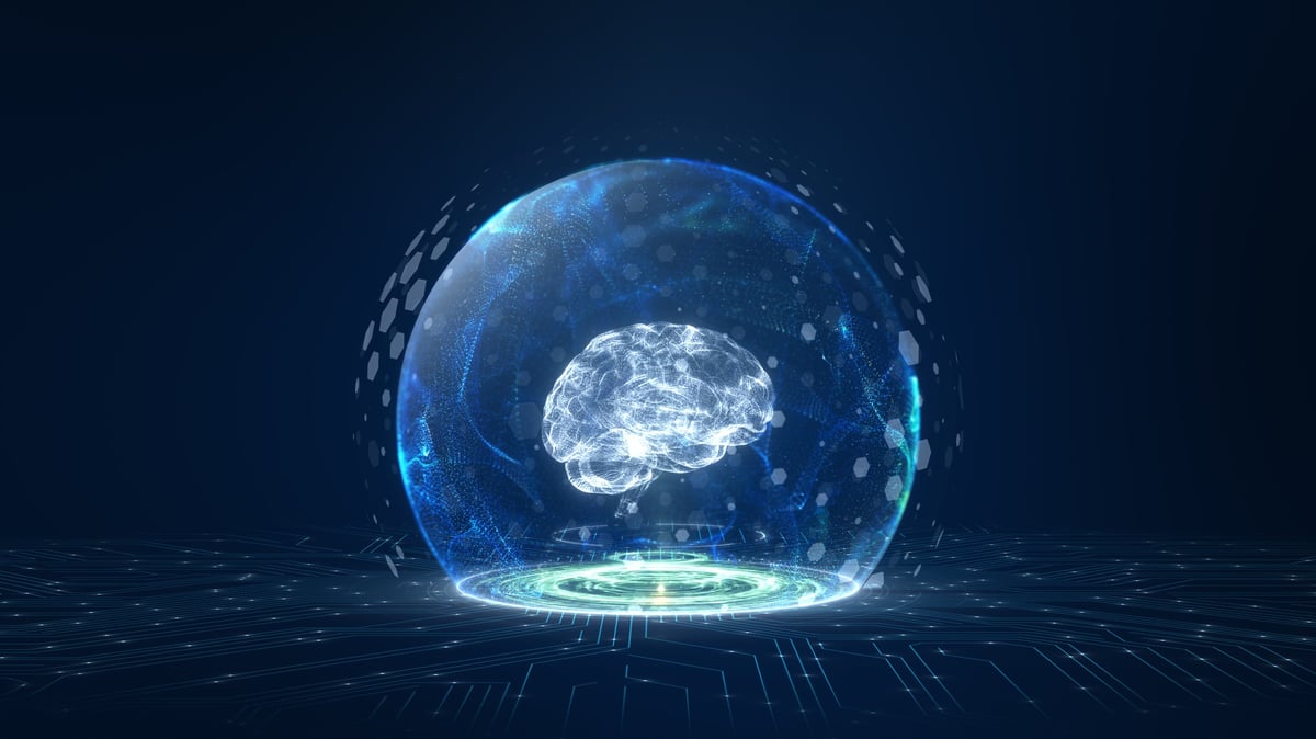 Digital brain hologram with AI technology visualization